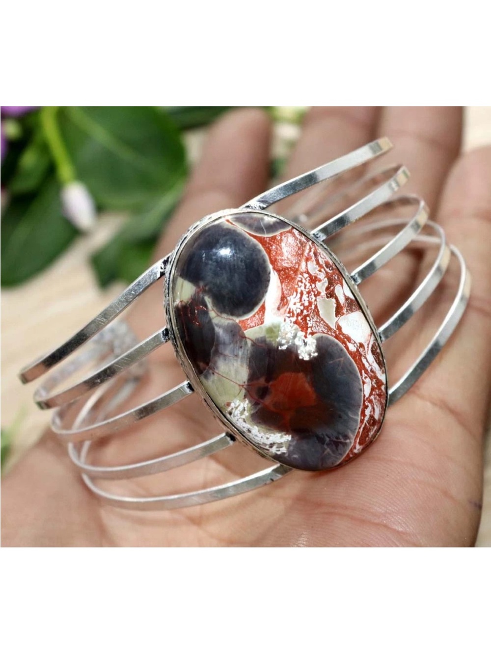 New! 925 Stamped Sterling Silver Money Agate Gemstone Multi-Band Cuff Bracelet